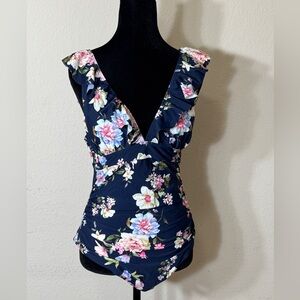 Cupshe Women’s Blue Floral Ruffle One Piece Swimsuit w/ Tummy Control - L - NWT